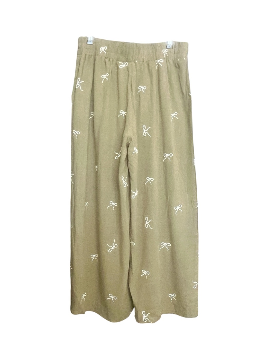 Umgee Linen Blend Wide Leg Pants SZ L Green Bows Flowy Lace Drawstring Waist - Picture 4 of 9